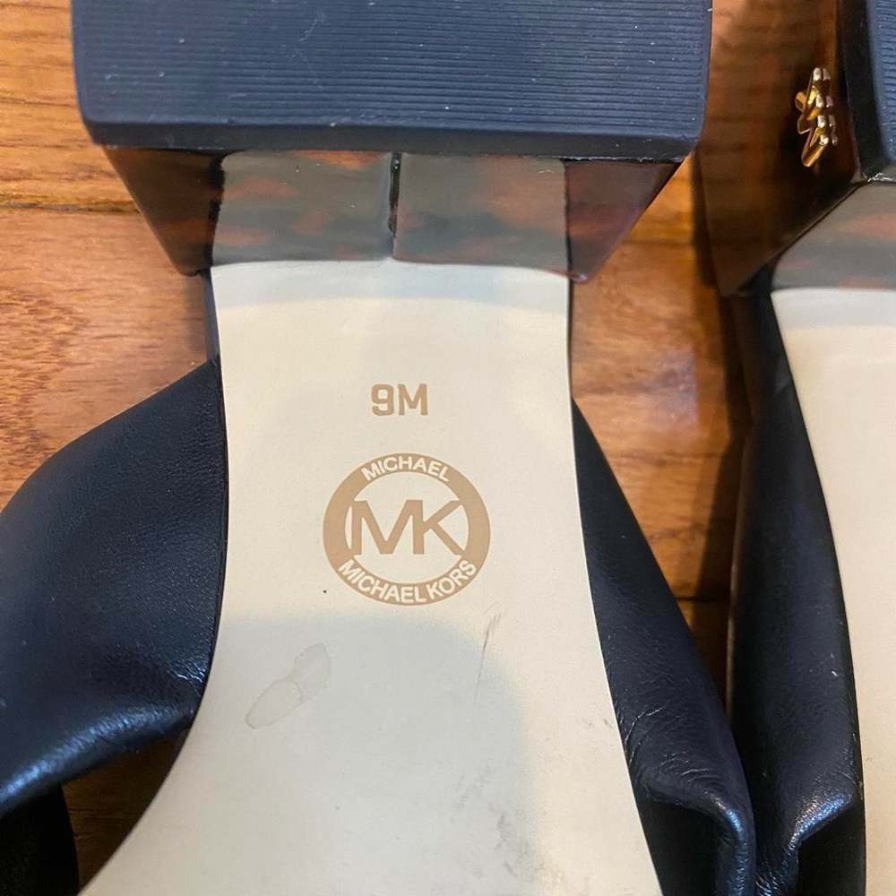 Michael Kors Black Leather Mules | Bow Slip-On Heels with Tortoise Block Heel - Picture 5 of 6